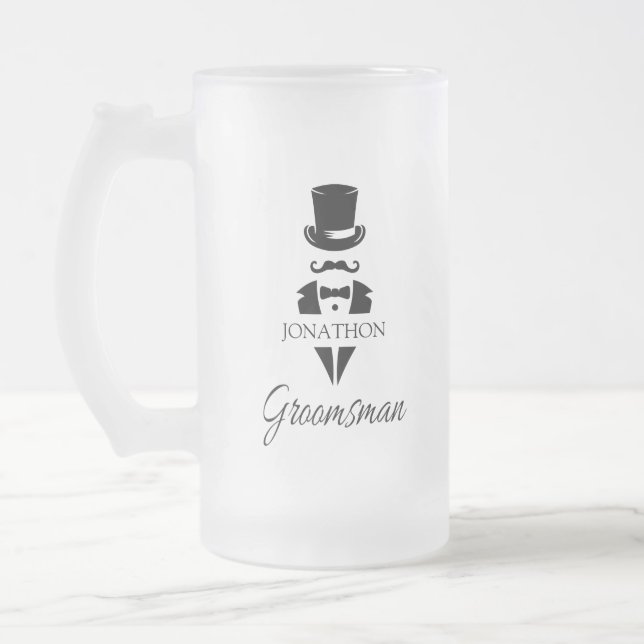Caneca De Cerveja Vidro Jateado Tuxedo Top Hat do Nome do padrinho de casamento (Esquerda)
