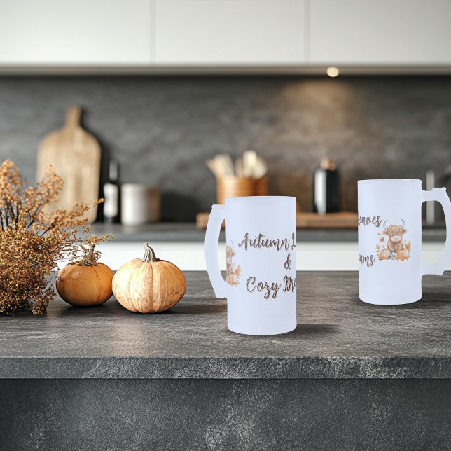 Caneca De Cerveja Vidro Jateado Vaca Highland do outono Adorável (Criador carregado)