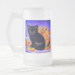 Caneca De Cerveja Vidro Jateado Van Gogh Black Kitten com Girassóis