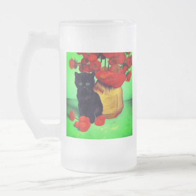 Caneca De Cerveja Vidro Jateado Van Gogh Black Kitten Red Flowers (Esquerda)