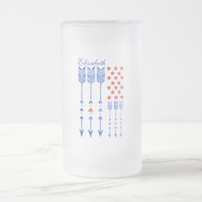 Caneca De Cerveja Vidro Jateado Vermelho, branco, azul, bandeira, estrelas, setas, (Centro)