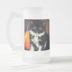 Caneca De Cerveja Vidro Jateado Vintage Black and White Halloween Cat