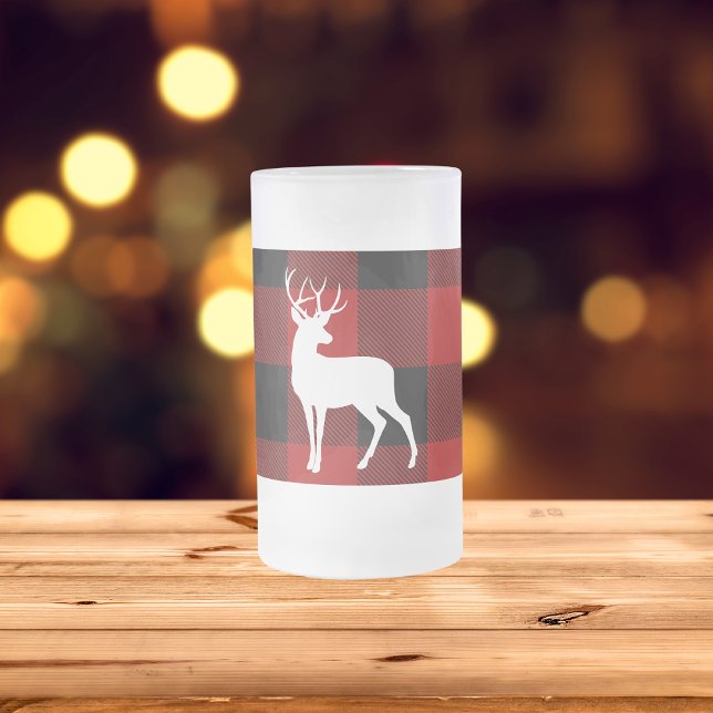 Caneca De Cerveja Vidro Jateado Xadrez de Buffalo Vermelho e Veado Branco (Criador carregado)