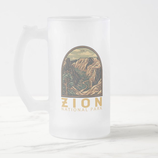 Caneca De Cerveja Vidro Jateado Zion National Park Retro Emblem (Esquerda)