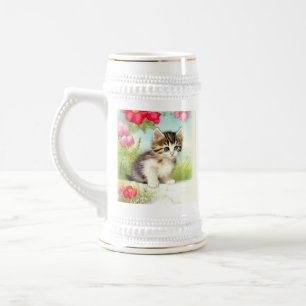 Caneca De Cerveja Vintage White e Brown Kitten com Flores