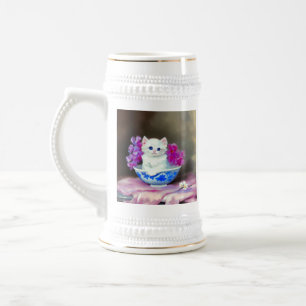 Caneca De Cerveja Vintage White Kitten com Flores Rosa