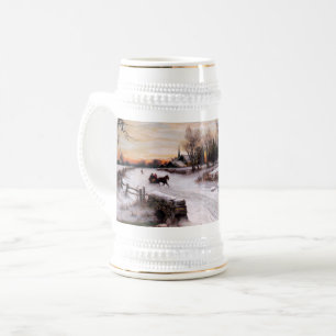 Caneca De Cerveja Vintage Winter Scene. Boi de Presente de Natal