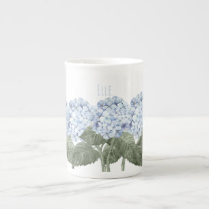 Caneca de Chá em Porcelana Osso Flor Azul Hortênsi