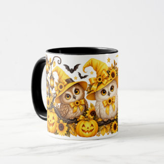 Caneca de Coruja de Halloween Amarela com Abóboras