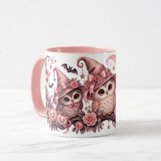Caneca de Corujas de Halloween Rosa Chapéus de Bru