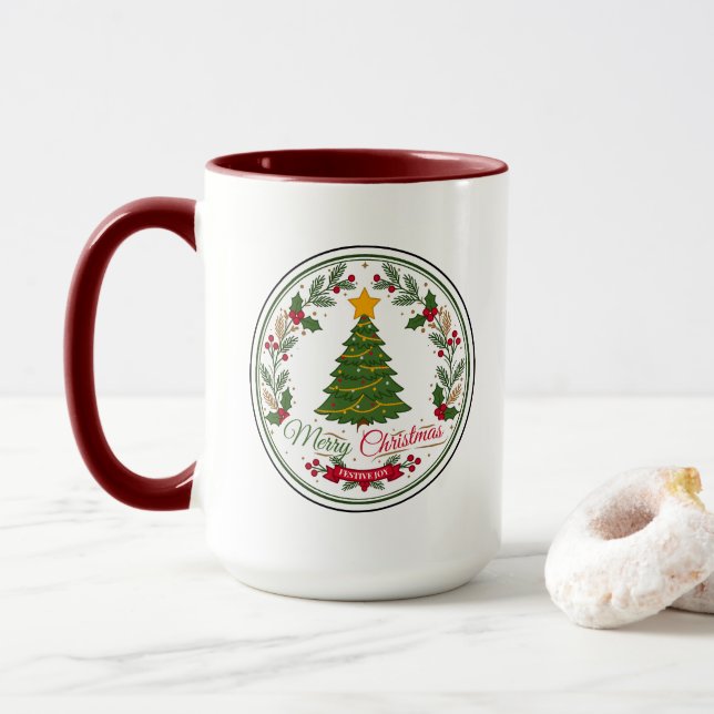 Caneca de Duas Cores com Emblema de Árvore de Nata (Com Donut)