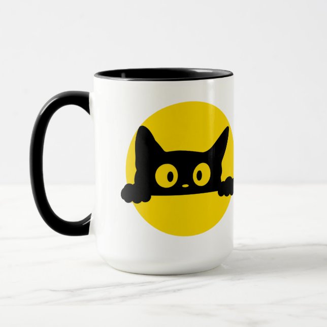 Caneca de duas cores com gato preto fofo espiando  (Esquerda)