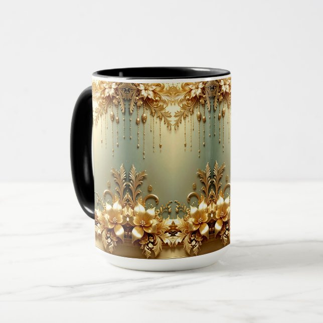 Caneca de Férias com Enfeites Florais Dourados (Frente Esquerda)