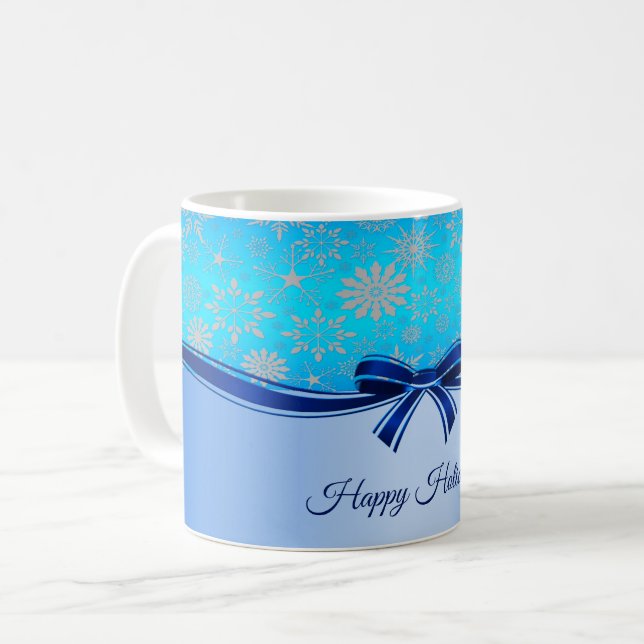 Caneca de Férias com Laço Azul Flocos de Neve (Frente Esquerda)