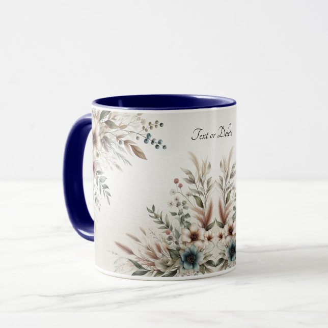 Caneca de Flores Azuis Marfim em Aquarela (Frente Esquerda)