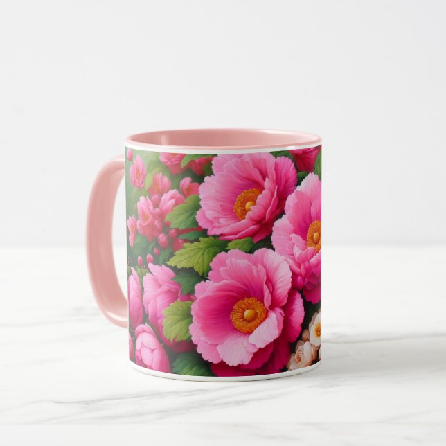 caneca de flores grandes, arrojadas, cor-de-rosa (Frente Esquerda)