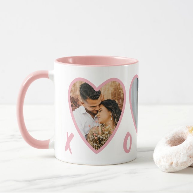 Caneca de Foto com Corações Rosa Bege do Dia dos N (Com Donut)