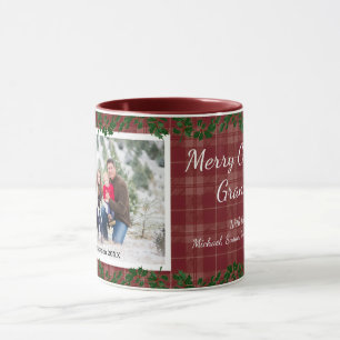 Caneca de Fotos de Natal com Xadrez Country Vermel