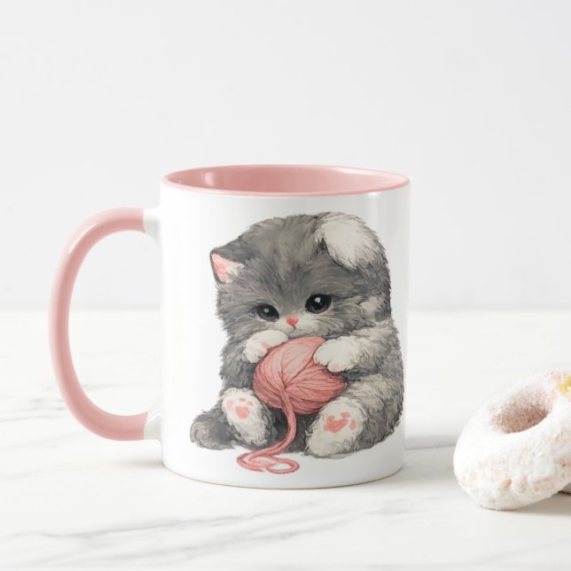 Caneca de Gatinho Fofo com Fio Rosa (Com Donut)