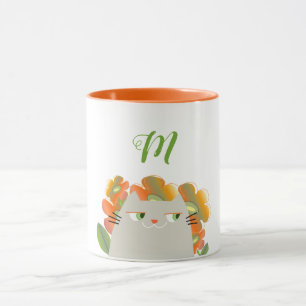 Caneca de Gato Floral Monograma Laranja Verde Fofa