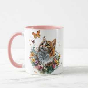 Caneca de Gato Fofo com Design Floral e Borboleta