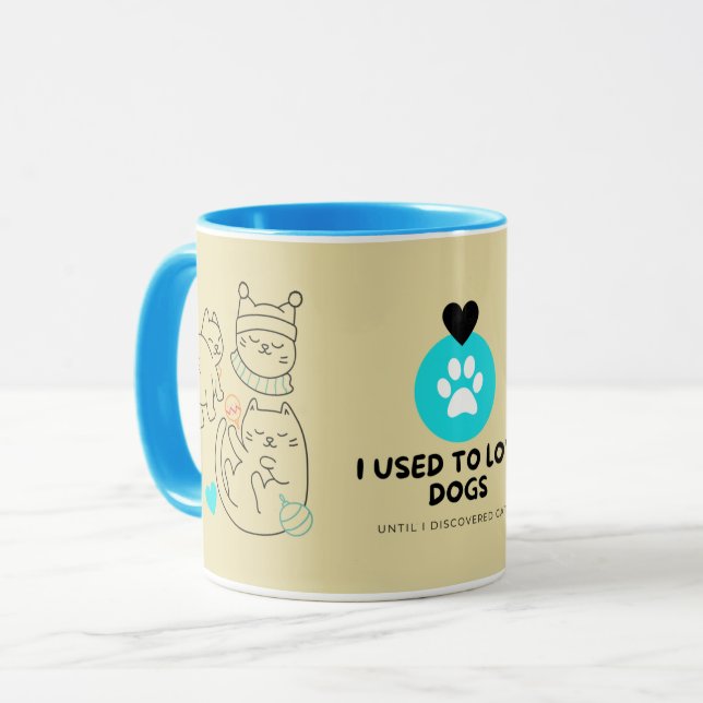 Caneca de Gato Marrom Oliva e Azul Moderno  (Frente Esquerda)