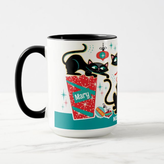 Caneca de Gatos de Natal Retro Personalizável (Esquerda)