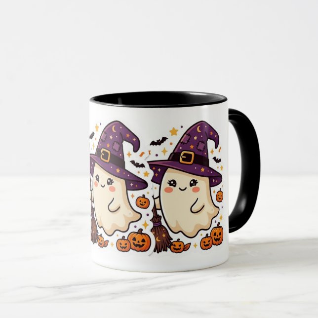 Caneca de Halloween de Bruxa Fantasma Abóbora Fofa (Frente Esquerda)