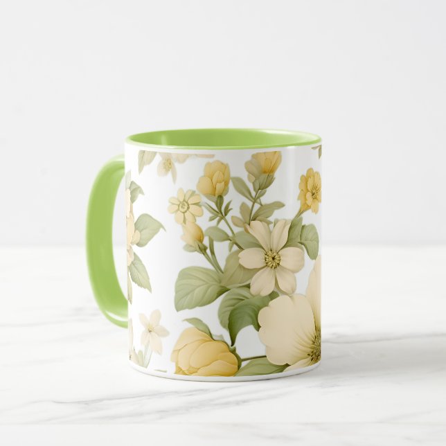 Caneca de Jardim Floral Amarelo com Alça Verde (Frente Esquerda)