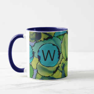 Caneca de Monograma Azul Verde Água Abstracta