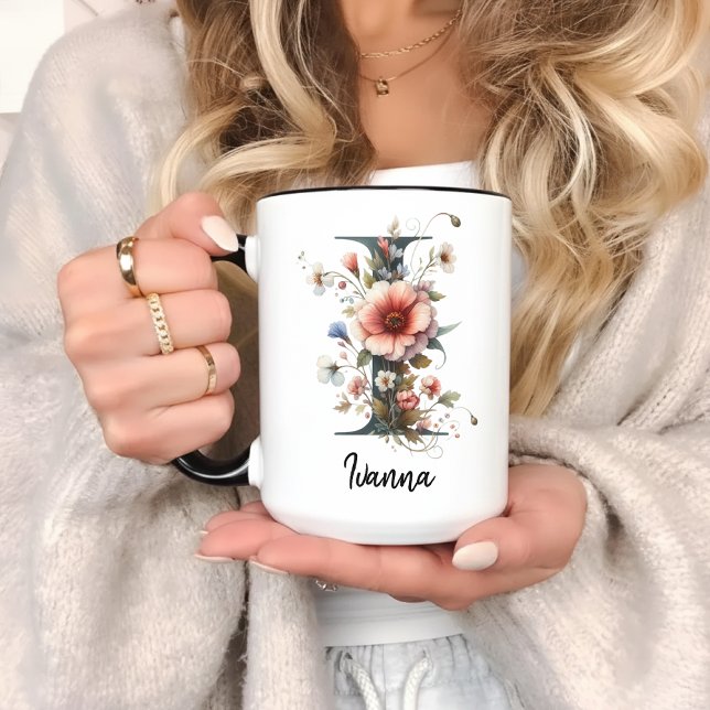 Caneca de Monograma de Flores Silvestres Personali (monogram mug, floral initial mug, personalized floral mug, wildflower monogram gift for mom & her,)