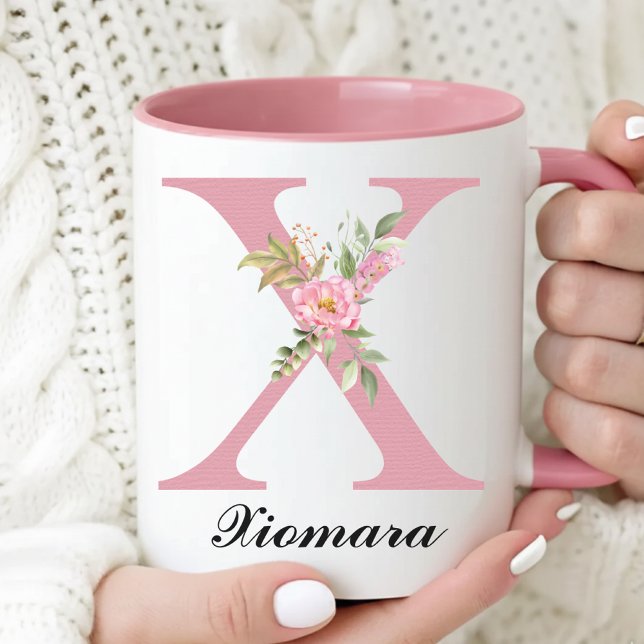 Caneca de Monograma de Rosas Cor-de-Rosa Presente  (Personalized Rose Mug Baby Shower Thank You Gift for Her, Elegant Floral Roses Mug Gift for Women)