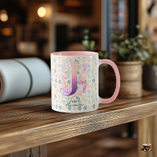 Caneca de Monograma Floral Boho Chic Elegante - J