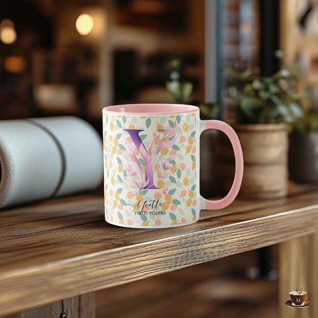 Caneca de Monograma Floral Boho Chic Elegante - Y (Criador carregado)
