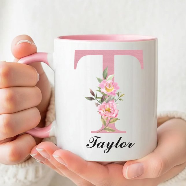Caneca de Monograma Floral de Rosa com Nome Person (Personalized Pink Rose Monogram Mug Gift for Her, Floral Roses Initial Name Mug Mother’s Day Gift)