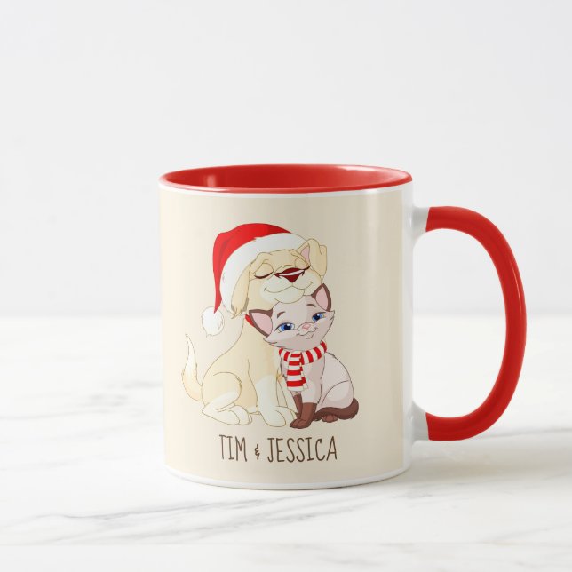Caneca de Natal bonita personalizada Cão e Gato (Direita)