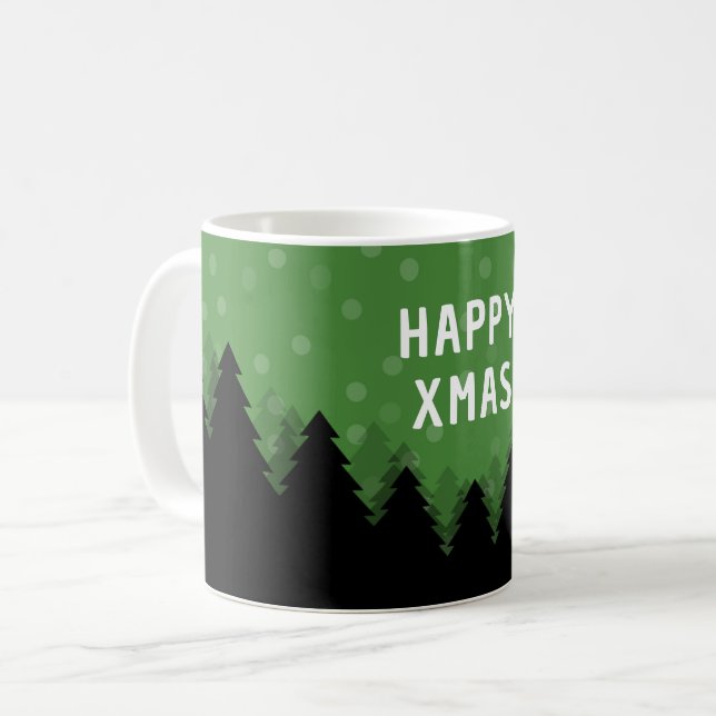 Caneca de Natal Feliz Verde com floresta, árvores  (Frente Esquerda)