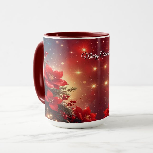 Caneca de Natal Floral Vermelha das Festas (Frente Esquerda)