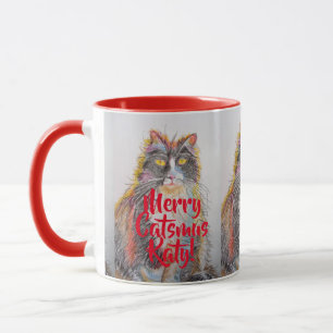 Caneca de Natal Vermelha Gato Tuxedo Merry Catsmus