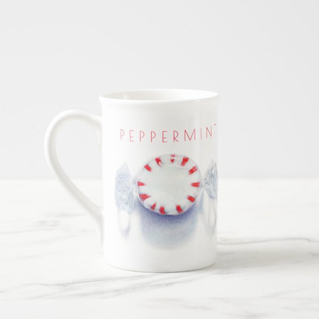 CANECA DE OSSO DE PORCELANA COM BALA DE MENTA + Te (Esquerda)