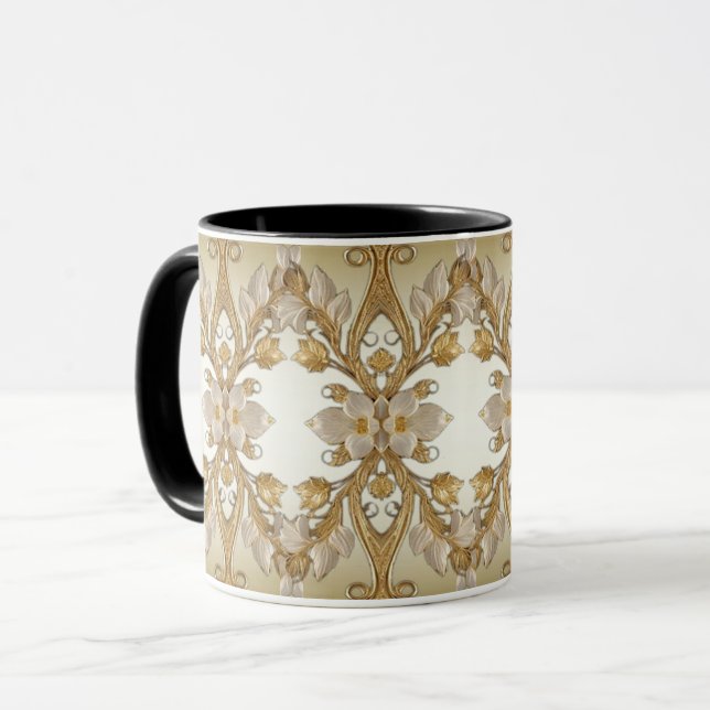 Caneca de Ouro Decorativa com Flores Brancas (Frente Esquerda)