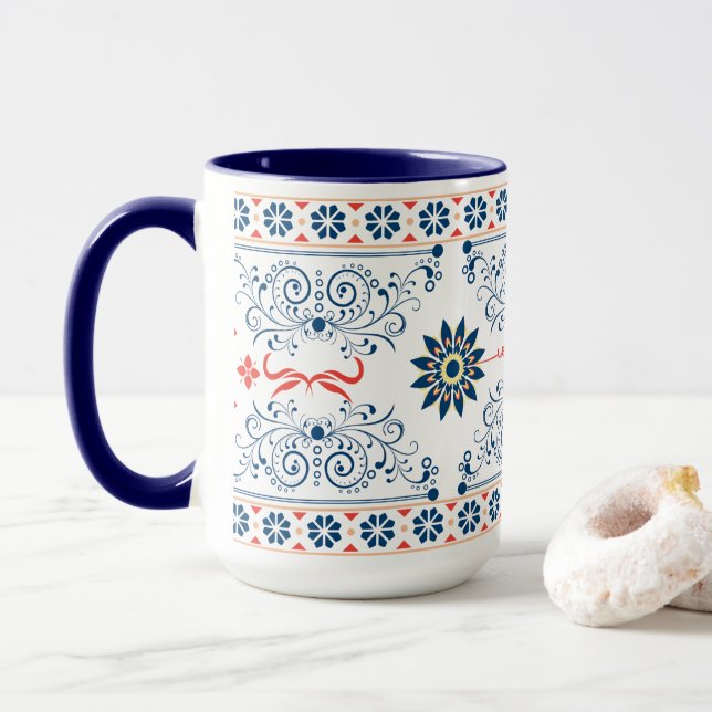 Caneca de Padrão Floral Folclórico Tradicional (Com Donut)