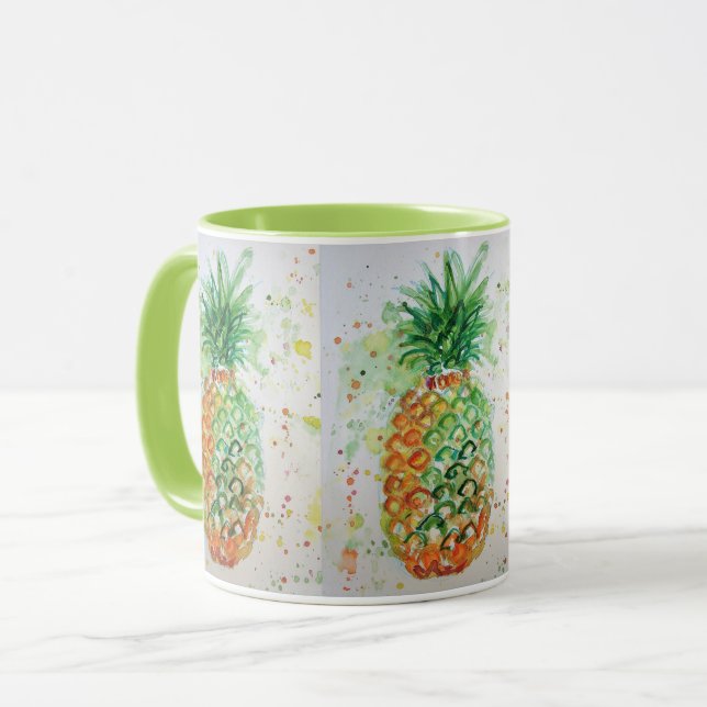 Caneca de pintura de aquarela de abacaxi verde (Frente Esquerda)