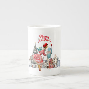 Caneca De Porcelana 1950 Senhora Vintage Enviando Saudações de Natal
