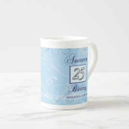 Caneca De Porcelana 25º Aniversário em Azul e Prata