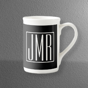 Caneca De Porcelana 3 iniciais Monograma Preto e Branco (ou cor diy)
