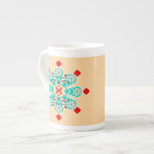 Caneca De Porcelana 8 pontos Mandala - turquesa e pêssego