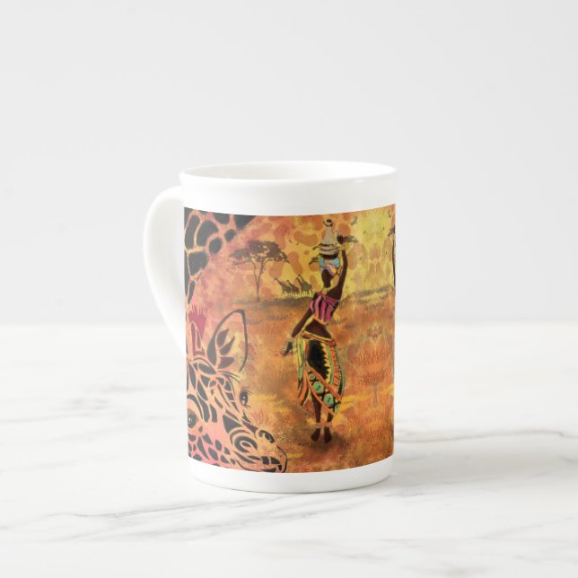 Caneca De Porcelana African Girl and Giraffe - Amigos - Desenho de Art (Frente Esquerda)