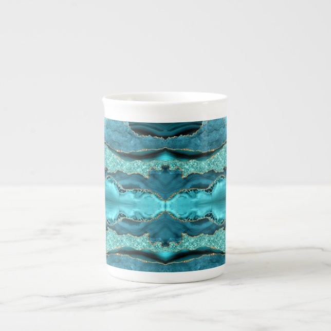 Caneca De Porcelana Agate Teal Blue Glitter Marble Aqua Turquoise (Frente)