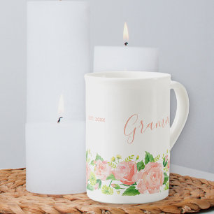 Caneca De Porcelana Aguarela floral coral rosa Grammie